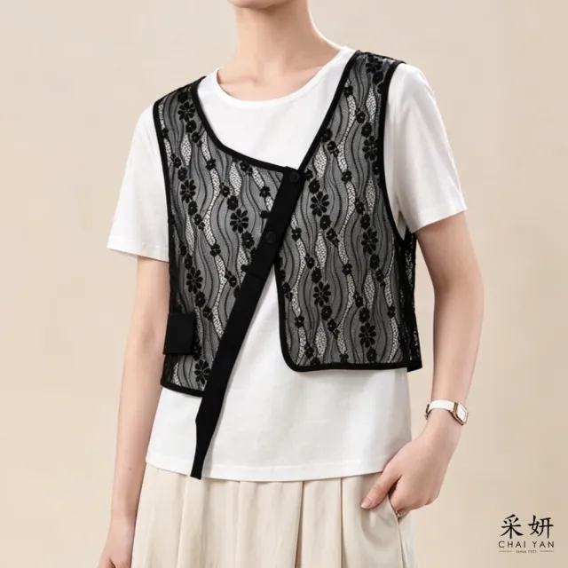 【CHAI YAN 采妍】蕾絲假兩件棉麻短袖上衣(春夏女裝/中大尺碼/專櫃/寬鬆/透氣)