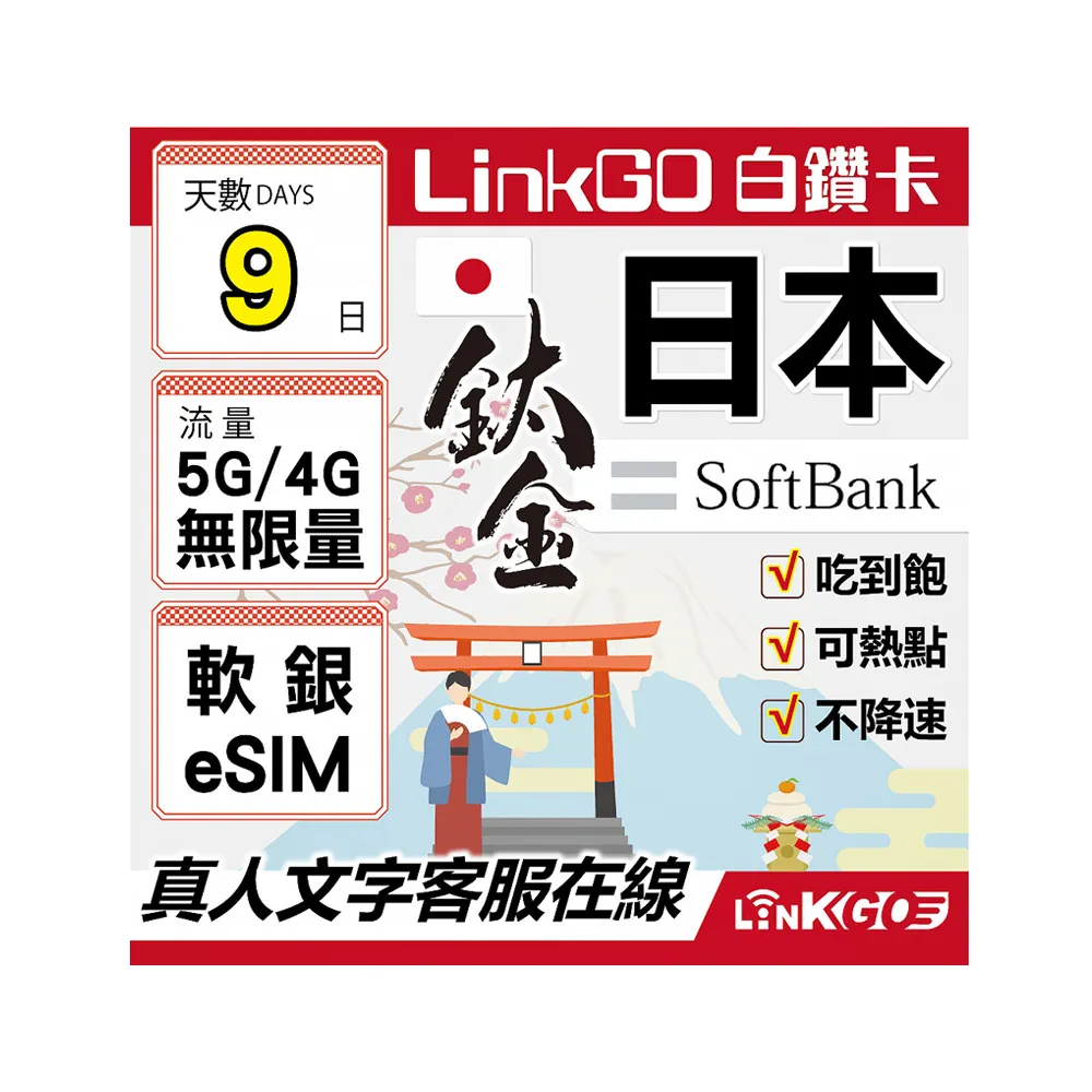 【LINKGO】白鑽卡 日本 eSIM卡 Softbank 9天鈦金款吃到飽不降速(日本網卡 東京 大阪 福岡 北海道 沖繩)