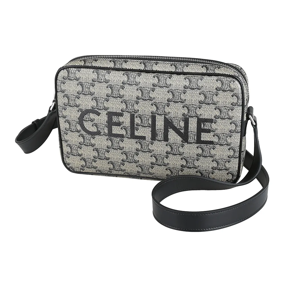 【CELINE】CELINE印黑字LOGO緹花帆布拉鍊肩背/斜背信差包(中/淺米x黑)