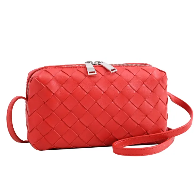 【BOTTEGA VENETA 寶緹嘉】經典手工大格編織小羊皮迷你手拿包斜背包(紅)