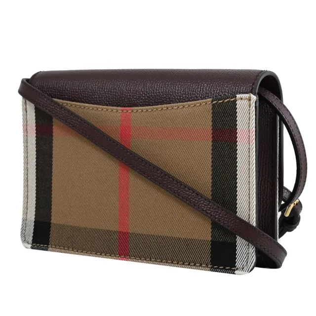 【BURBERRY 巴寶莉】英系經典棉麻格紋拼接手機多卡零錢晚宴包斜背包(酒紅)