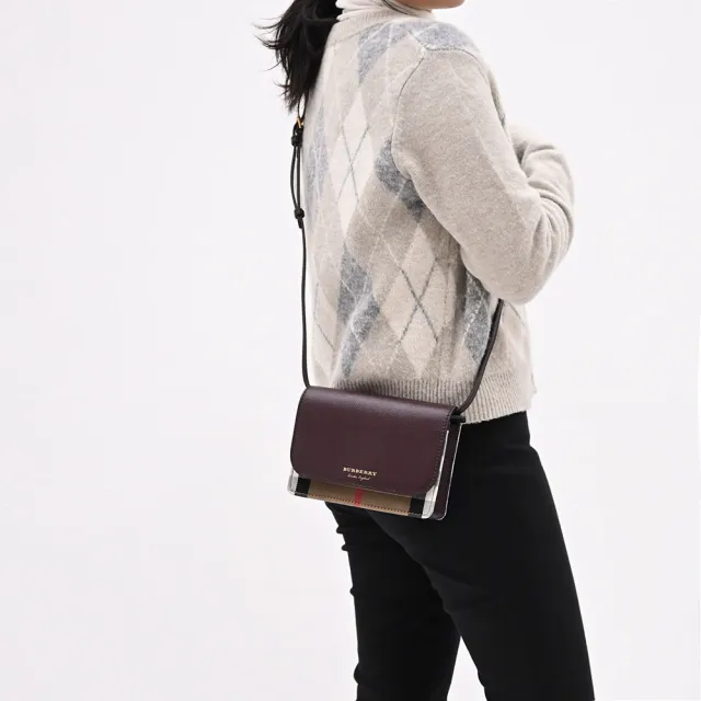 【BURBERRY 巴寶莉】英系經典棉麻格紋拼接手機多卡零錢晚宴包斜背包(酒紅)