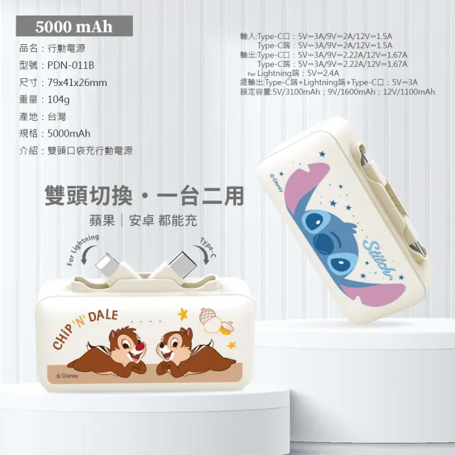 【Disney 迪士尼】5000mAh 雙頭口袋充行動電源(Type-C+Lightning)