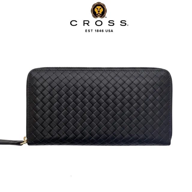 【CROSS】頂級小牛皮編織紋大開口拉鍊長夾 阿梅爾系列 (黑色 送禮盒提袋)