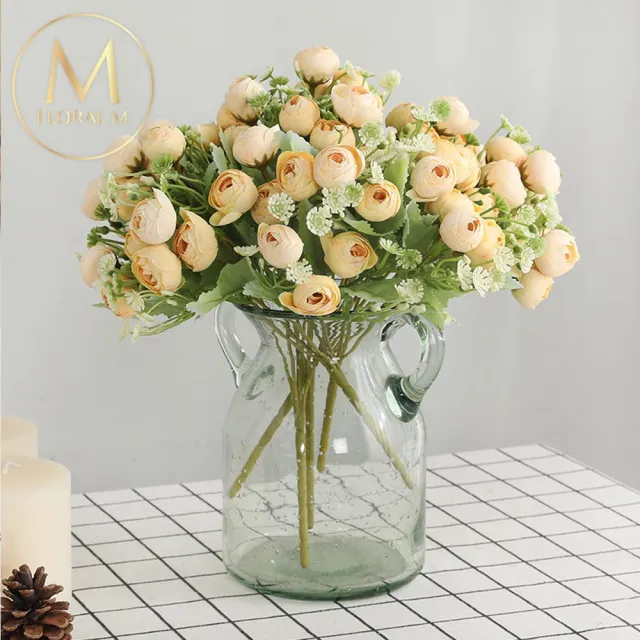 【Floral M】法式花園黃色圓葉小玫瑰花束仿真花花材1入組(人造花/仿真花/假花/花藝DIY/裝飾花材)