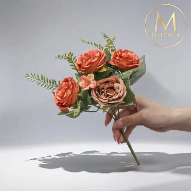 【Floral M】英倫復古玫瑰花束焦糖橙仿真花花材1入組(人造花/仿真花/假花/花藝DIY/裝飾花材)