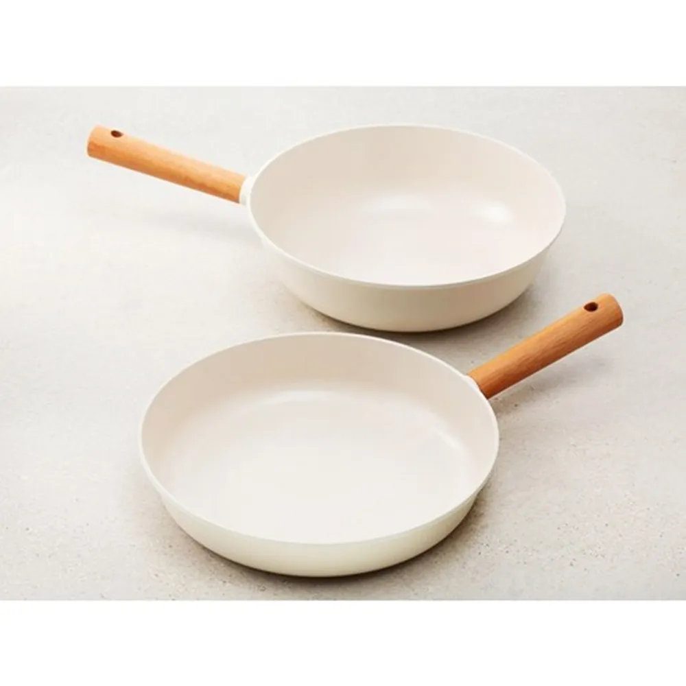 【炊尚宮】韓國製 IH溫馨奶白平底鍋具組 平底鍋28cm+深型平底鍋28cm(IH平底鍋/奶白陶瓷鍋/韓國製平底鍋)