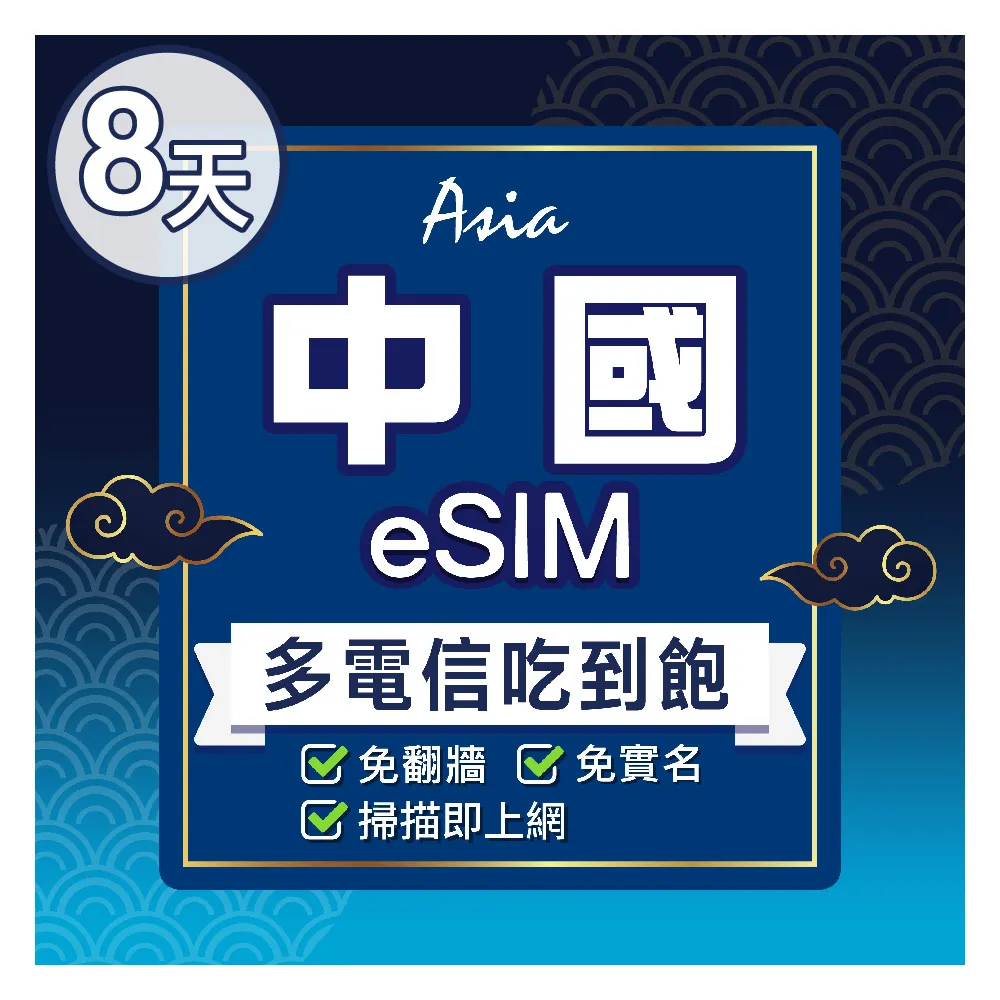 【環亞電訊】eSIM中國8天多電信吃到飽(24H自動發貨 中國網卡 大陸 中國移動 免翻牆 免換卡 eSIM)