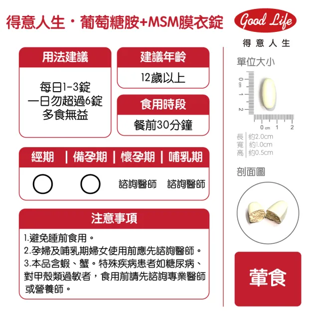 【得意人生】新葡萄糖胺+MSM軟骨素 膜衣錠 三入組(共180錠 二型膠原蛋白 玻尿酸 D3)