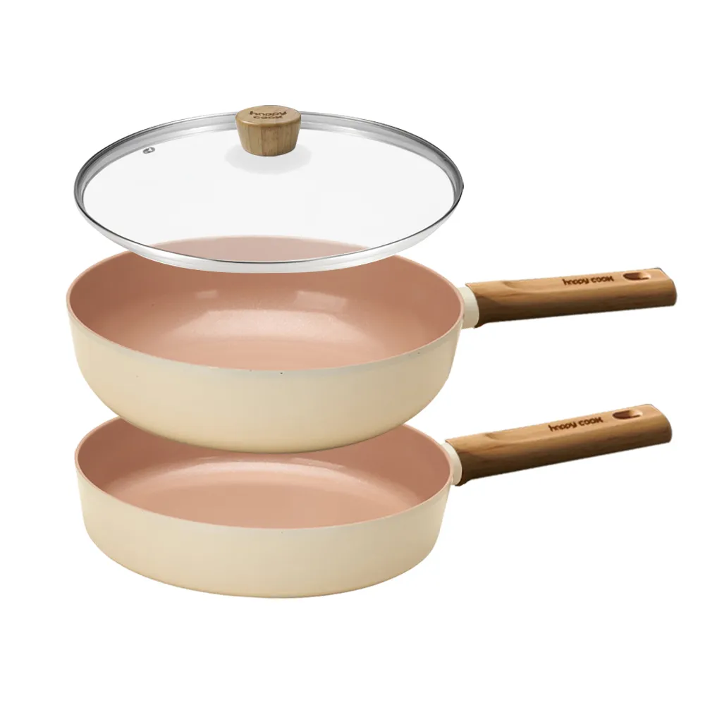 【happy cook】IH 珍珠陶瓷不沾深炒鍋+平底鍋+鍋蓋 28cm 3件組(適用IH爐/非鐵氟龍塗層)