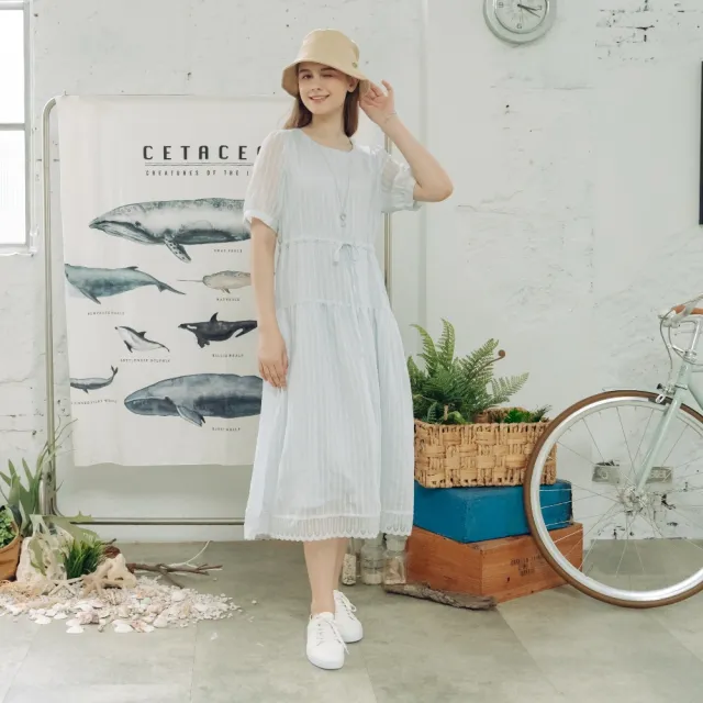 【CUMAR】條紋透膚抽繩蛋糕長洋裝 藍 淺藍 黑(魅力商品)
