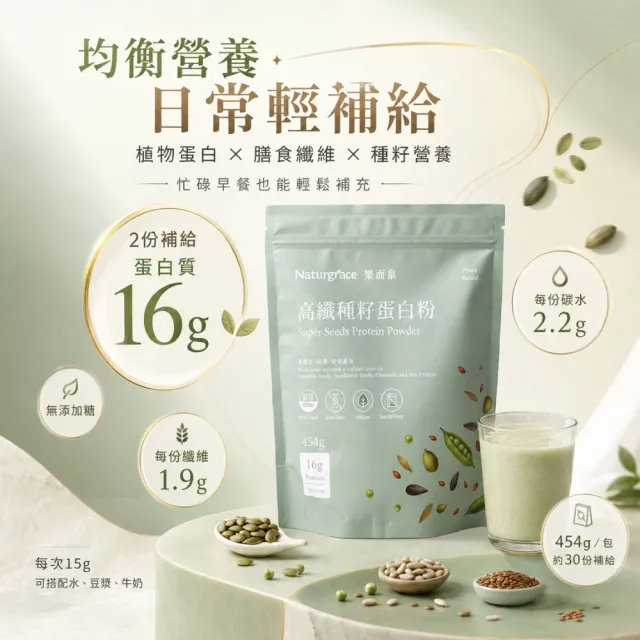 【Naturgrace 樂而泉】高纖種籽蛋白粉 蛋白粉 南瓜籽 葵花籽 亞麻籽 豌豆蛋白 均衡營養代餐 454g/袋