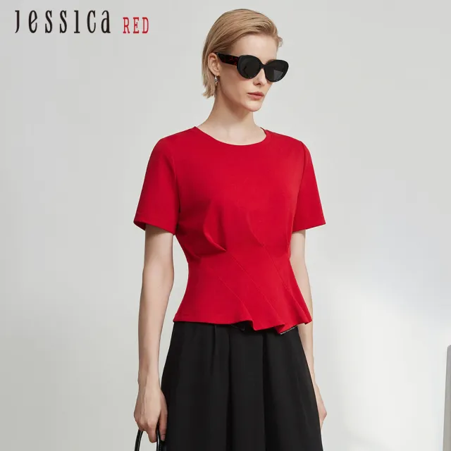 【Jessica Red】修身素色圓領荷葉邊棉質短袖上衣(紅)R63602