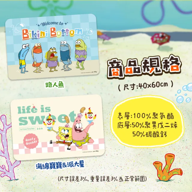 【SpongBob 海綿寶寶】2條組-比奇堡居民吸水皮革止滑地墊-(海綿寶寶 路人魚 派大星 0.4公分特薄)