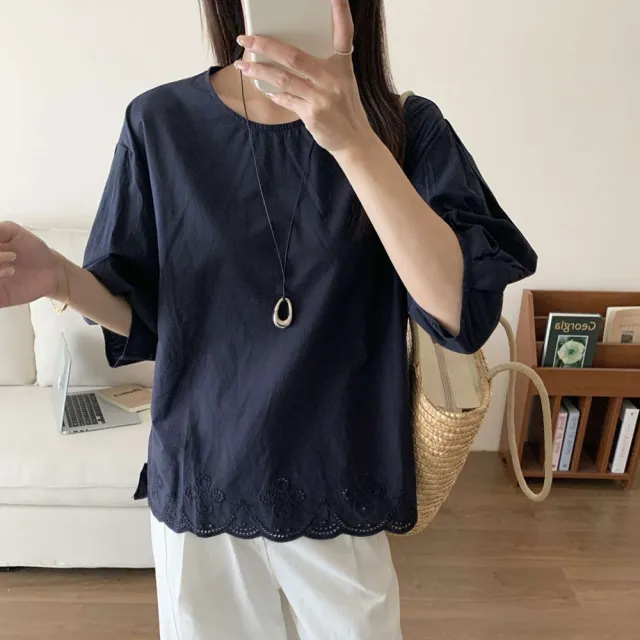 【T2R】TH-刺繡圓領泡泡七分袖上衣-白/深藍