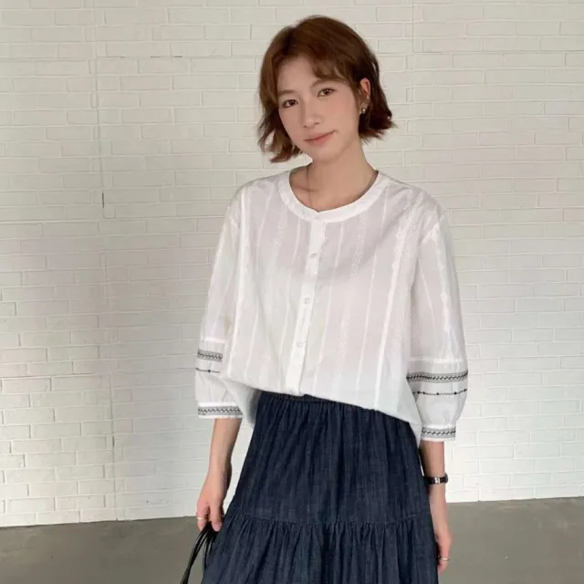 【T2R】TH-韓系質感百搭刺繡袖口設計棉襯衫