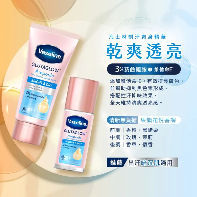【Vaseline 凡士林】官方直營 制汗止汗爽身精華凝乳45ml(極致煥亮/乾爽透亮/滑嫩勻亮/勻嫩彈亮)