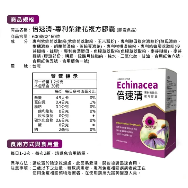 【草本之家】倍速清專利紫錐花膠囊3入組(60粒/入)(專利酵母.綠蜂膠.柑橘.魚腥草.啤酒酵母.紫錐菊)