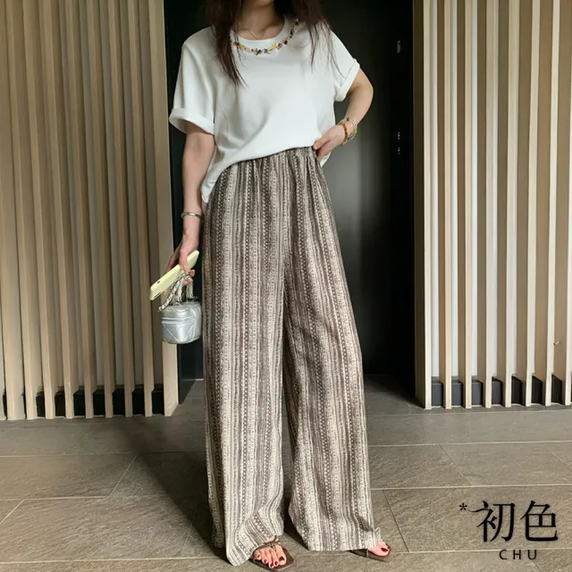 【初色】棉麻風復古印花鬆緊腰寬鬆闊腿褲直筒褲休閒褲寬褲長褲-花色-51941(M-2XL可選)
