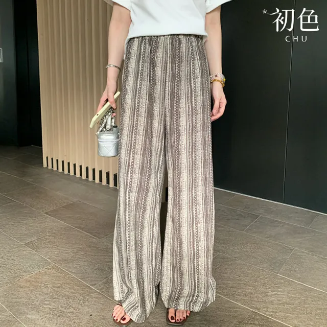 【初色】棉麻風復古印花鬆緊腰寬鬆闊腿褲直筒褲休閒褲寬褲長褲-花色-51941(M-2XL可選)