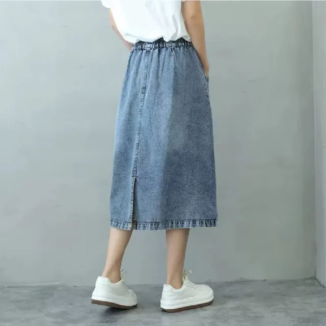 【ASister 小姊姊】AS2588#女裝｜裙子☆鬆緊帶大口袋A字半身牛仔裙(淺藍色 S-3XL)