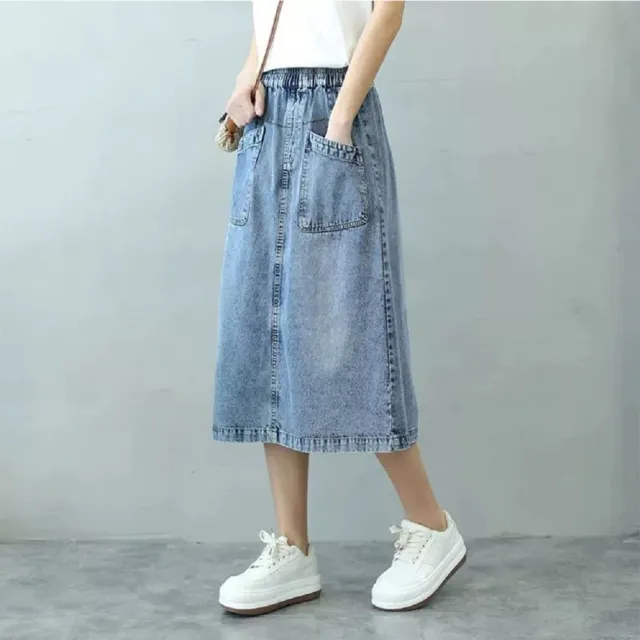 【ASister 小姊姊】AS2588#女裝｜裙子☆鬆緊帶大口袋A字半身牛仔裙(淺藍色 S-3XL)