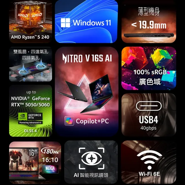 【Acer】獨家送羅技鼠★16吋 R5 RTX5060輕薄電競筆電-黑(Nitro V/ANV16S-41-R5FT/R5-240/16G/512GB/W11)