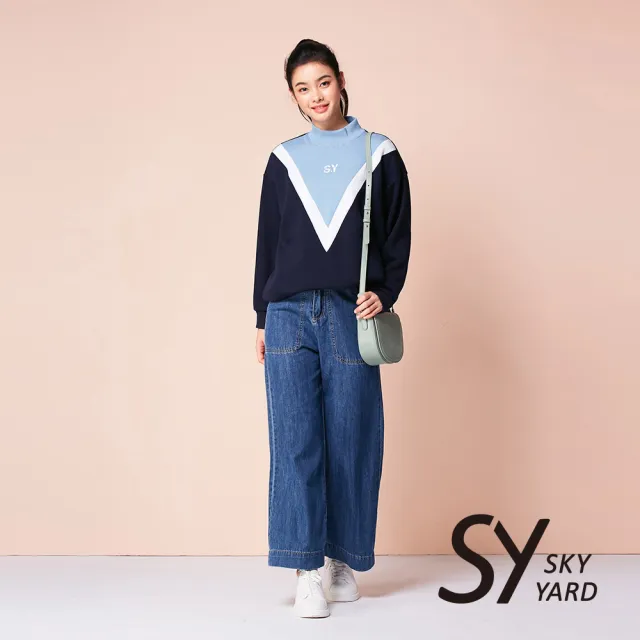【SKY YARD】網路限定款-水洗九分牛仔寬口褲-深藍