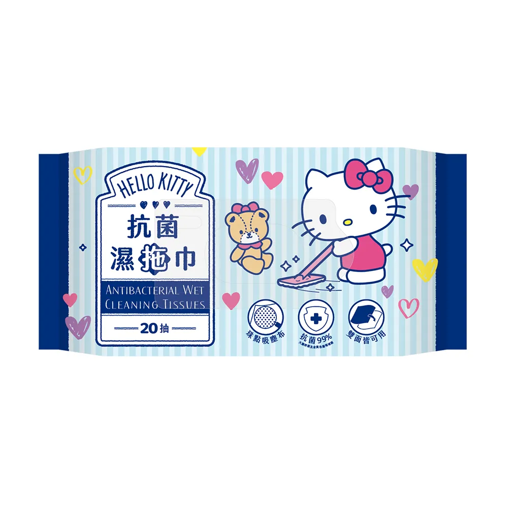 【SANRIO 三麗鷗】Hello Kitty抗菌濕拖巾-20抽X12包(地板拖/家庭環境清潔濕紙巾)