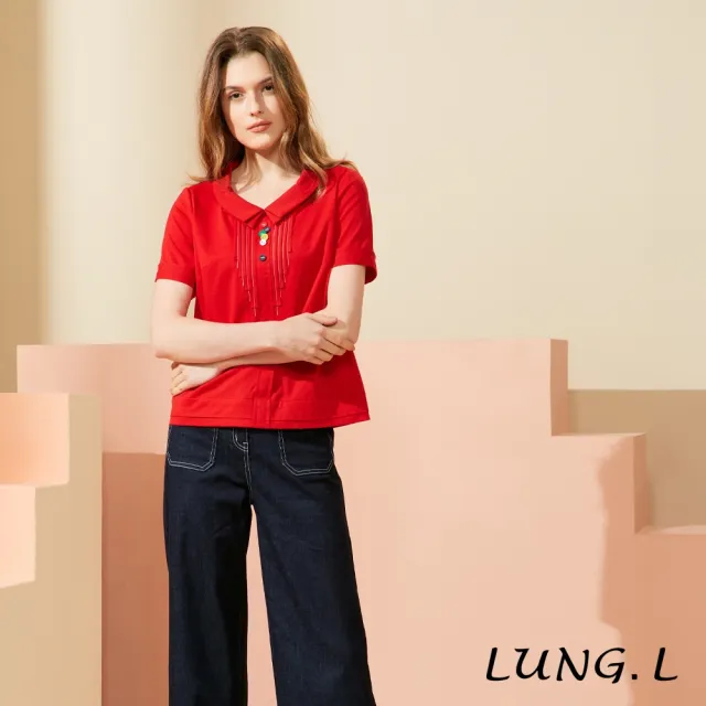 【LUNG.L 林佳樺】LW24A 紅色立體飾條搭配彩釦短袖女裝上衣