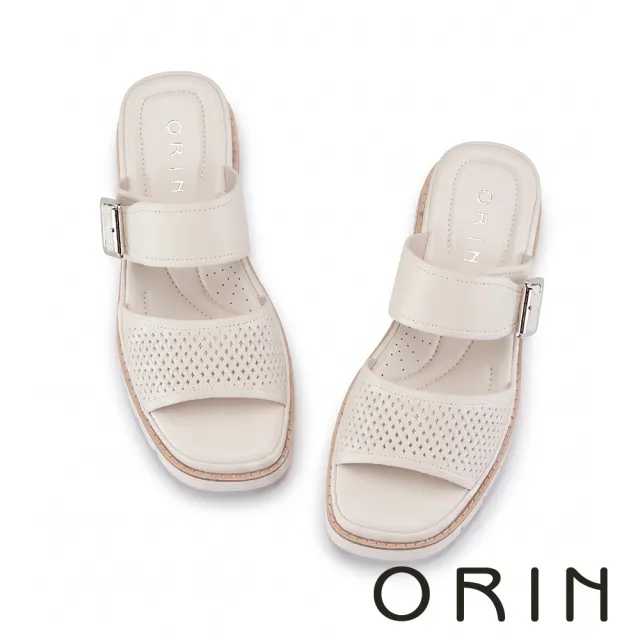 【ORIN】嚴選羊皮鏤空厚底拖鞋 米白