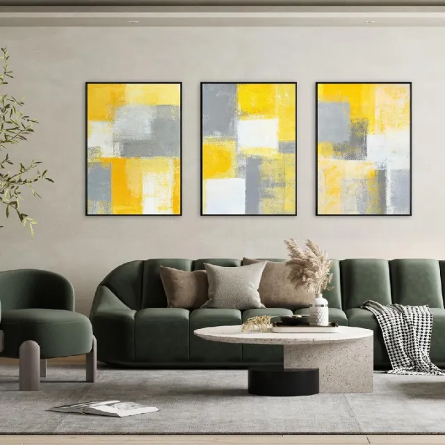 【菠蘿選畫所】銘黃抽象畫作三幅聯畫組合-42x60cm(畫/臥房掛畫/居家佈置/藝廊牆/餐廳掛畫/民宿裝飾畫)