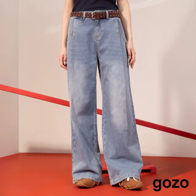 【gozo】3.0 零著感Q彈打褶牛仔寬褲(顯瘦/牛仔寬褲/直筒長褲/直筒寬褲/牛仔褲/牛仔長褲/顯瘦長褲/丹寧長褲)