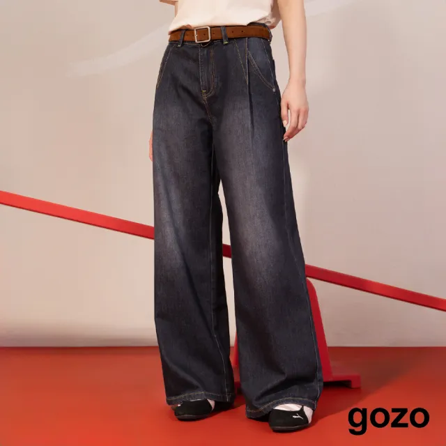 【gozo】3.0 零著感Q彈打褶牛仔寬褲(顯瘦/牛仔寬褲/直筒長褲/直筒寬褲/牛仔褲/牛仔長褲/顯瘦長褲/丹寧長褲)