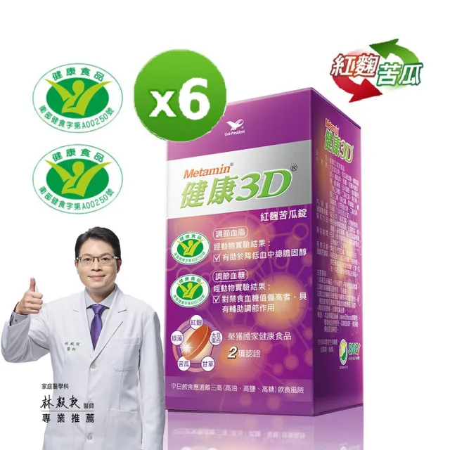 【統一】健康3D紅麴苦瓜錠6入組(共540粒-調節血糖/血脂/大豆蛋白/綠藻/甘草)