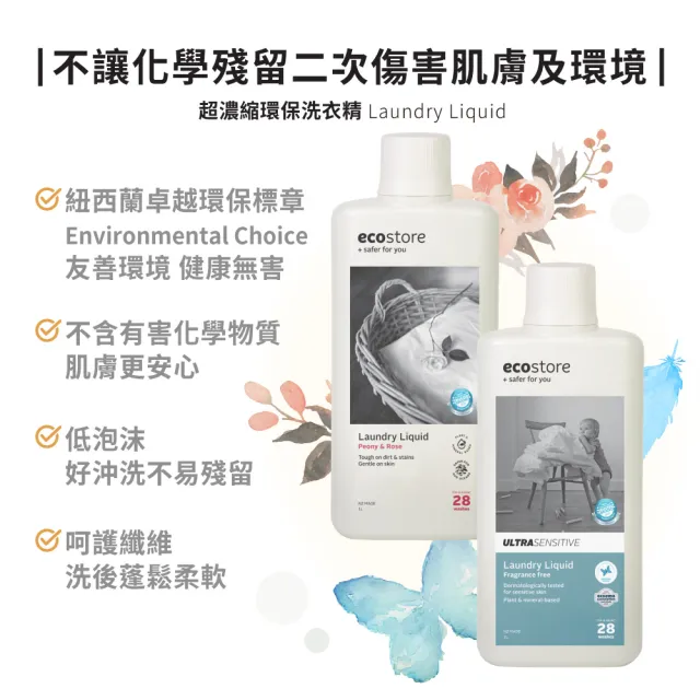 【ecostore 宜可誠】超濃縮環保洗衣精1Lx2入(尤加利葉/柑橘天竺葵/抗敏無香/牡丹玫瑰)