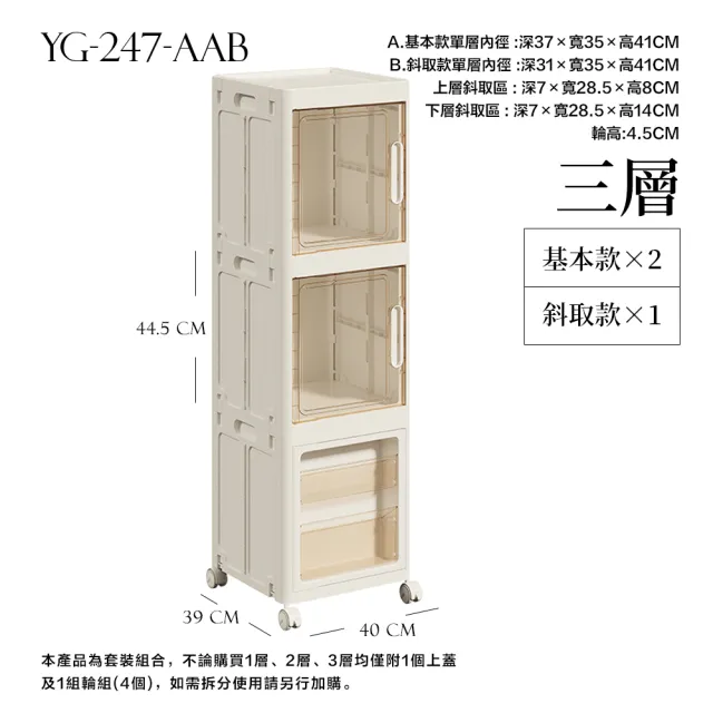 【FL 生活+】三層 基本款x2+斜取款 3元素可疊加附輪折疊收納箱 收納櫃 面寬40公分 免工具組裝 自由疊加