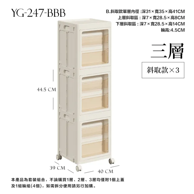 【FL 生活+】三層 斜取款 3元素可疊加附輪折疊收納箱 收納櫃 面寬40公分 免工具組裝 自由疊加 收納盒