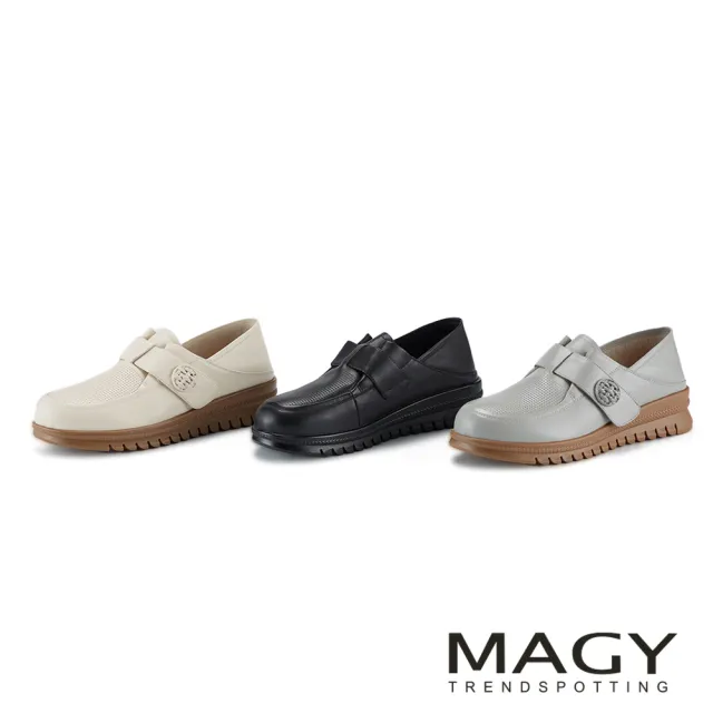 【MAGY】舒適牛皮造型圓釦厚底休閒鞋 藍灰