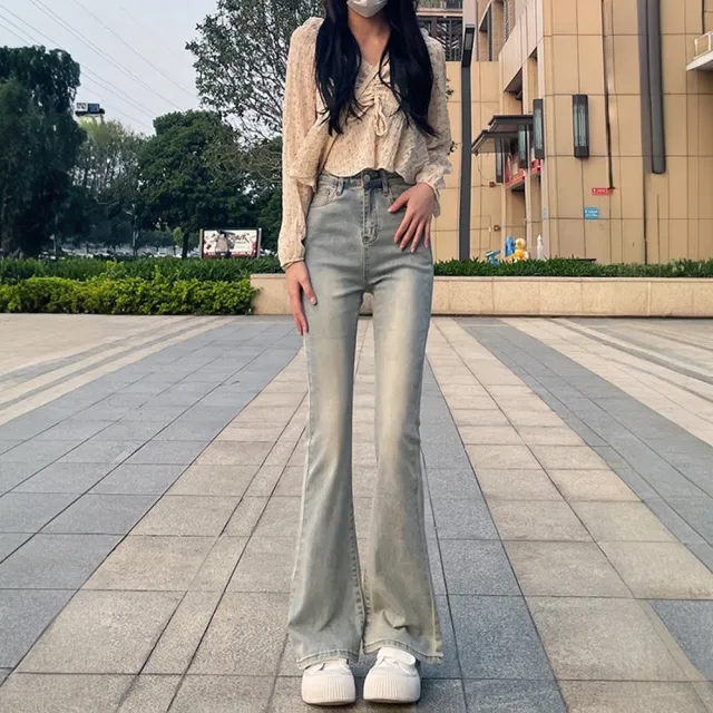 【D.studio】韓版美式直筒高腰淺色微喇叭牛仔褲 喇叭褲 寬褲 褲子 長褲  牛仔長褲 夏季女裝 拖地褲 P430
