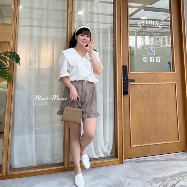 【Want-Meow】90公斤可穿/短袖韓系棉麻寶寶領翻領襯衫上衣大學T短袖T(大碼上衣/大碼/大尺碼/短袖上衣)