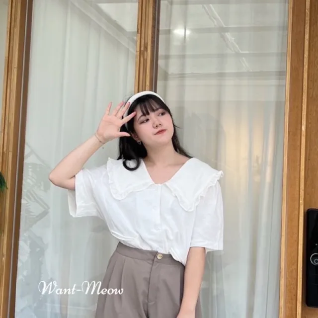 【Want-Meow】90公斤可穿/短袖韓系棉麻寶寶領翻領襯衫上衣大學T短袖T(大碼上衣/大碼/大尺碼/短袖上衣)