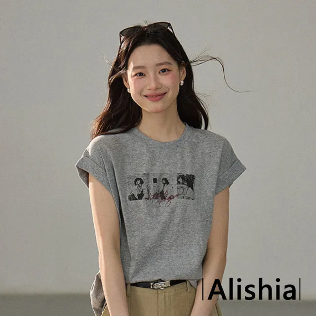 【Alishia】簡約休閒透氣輕薄涼感折袖印花上衣 短袖 T恤 F(白色 / 灰色)