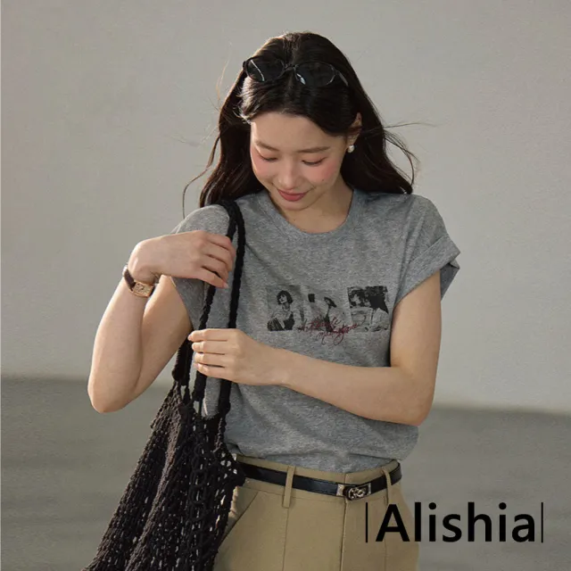 【Alishia】簡約休閒透氣輕薄涼感折袖印花上衣 短袖 T恤 F(白色 / 灰色)