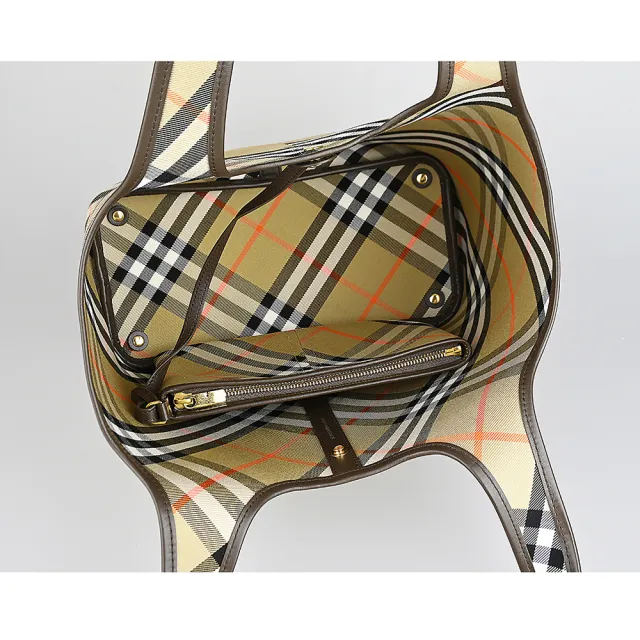 【BURBERRY 巴寶莉】BURBERRY 棉織布格紋馬術騎士鍍金LOGO手提/肩背子母購物包(沙米)
