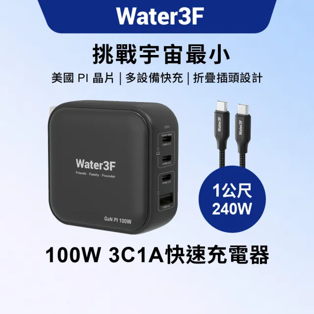 Water3F 100W 4孔GaN氮化鎵快速充電器 3C1A版(充電頭/美國PI晶片/筆電手機平板通用)