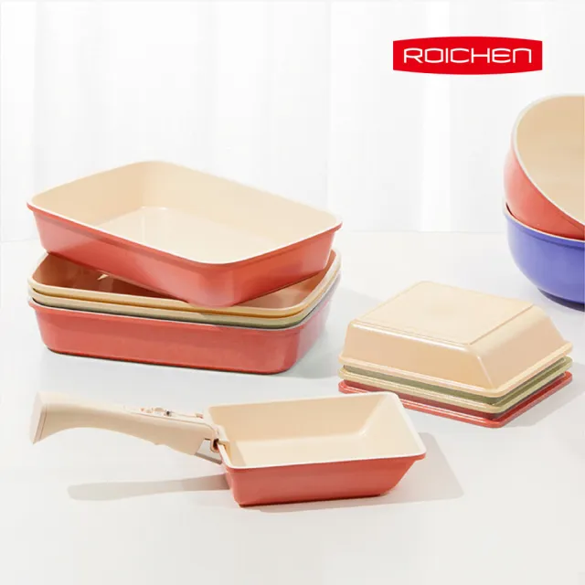 【Roichen】韓國製 15cm方型玉子燒鍋+29cm方型煎烤鍋+可拆把手(IH爐 全火源適用 陶瓷塗層不沾鍋)