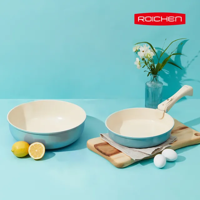 【Roichen】韓國製 24cm深炒鍋+24cm平底鍋+可拆把手(IH爐 全火源適用 露營 輕量鍋陶瓷塗層不沾鍋)