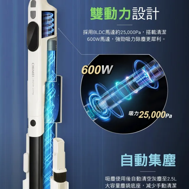 【CHIMEI 奇美】自動集塵雙動力無線吸塵器/三重過濾/綠光顯塵/多功能配件(VC-AL25LD)