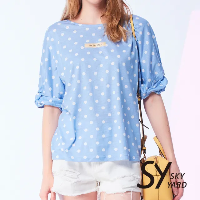 【SKY YARD】網路限定款-抓褶澎袖滿版點點印圖造型上衣-藍色